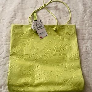 ZARA Wrinkled Leather Tote Handbag Acid Green Large 🔥🔥🔥